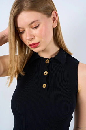 Patlı Düğmeli Triko Atlet  Siyah