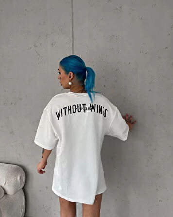 Unisex Bisiklet Yaka Baskılı Oversize Thirt  Beyaz