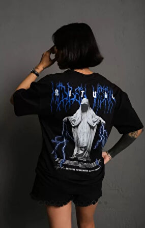 Unisex Bisiklet Yaka Baskılı Oversize Thirt  iyah