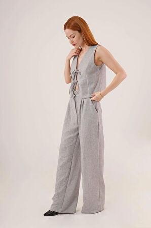 Ön Bağlama Detaylı Yelek Ve Pantolon Gri İkili Takım