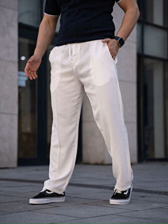 Erkek Keten Cepli Çıma Dikişli Jogger Buggy Pantalon Rahat Kalıp  Beyaz