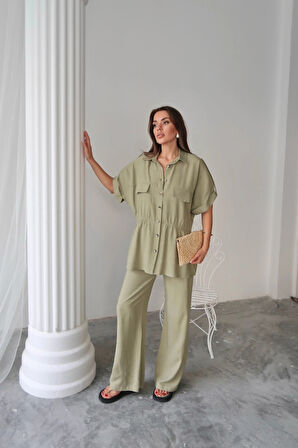 KETEN BEDEN BÜZGÜ DETAYI GÖEK  PANTOON TAKI  Yeşil