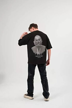 Unisex Bisiklet Yaka Baskılı Oversize Thirt  iyah