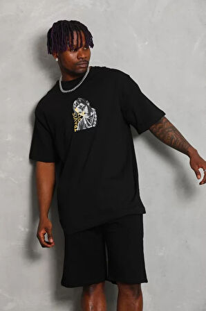 Unisex Oversize Baskılı Bisiklet Yaka Thirt  iyah