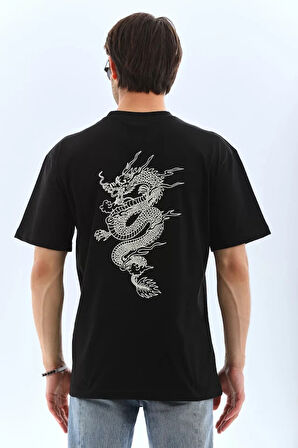 Unisex Oversize Baskılı Bisiklet Yaka Thirt  iyah