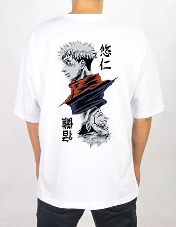 Unisex Bisiklet Yaka Baskılı Oversize Thirt  Beyaz