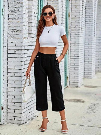Kadın Beli Lastikli Düğme Ve Cep Detaylı Kapri Ithal Keten Pantolon