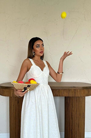 Ekru Dantel Detaylı Askılı Elbise