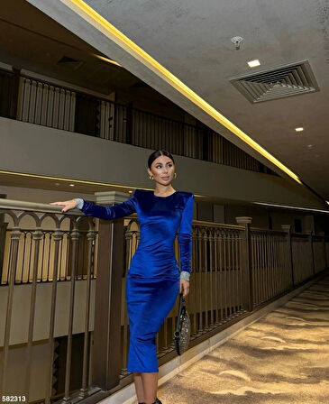 Kadın Bisiklet Yaka Vatkalı anşet Detay Kadife Kumaş idi Boy Elbise