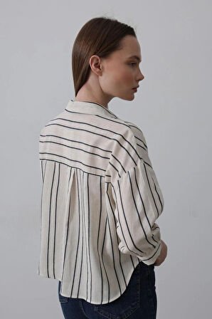 Çizgili Kısa Gömlek  Bejacivert