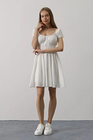 Beli Korseli Mini Elbise  Beyaz