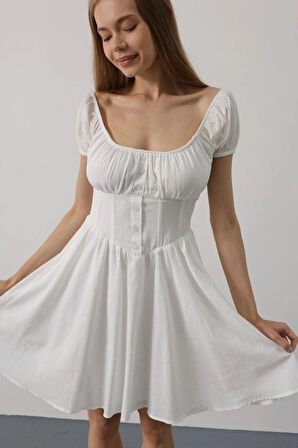 Beli Korseli Mini Elbise  Beyaz