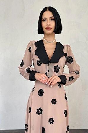 Vizon Yaka Nakışlı Elbise