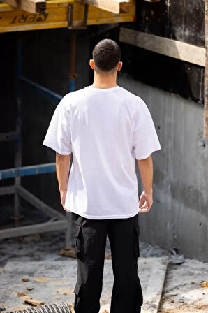 Unisex Bisiklet Yaka Baskılı Oversize Thirt  Beyaz