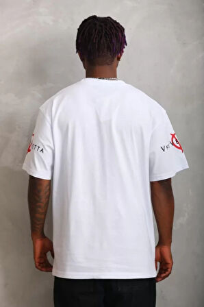 Unisex Oversize Baskılı Bisiklet Yaka Thirt  Beyaz