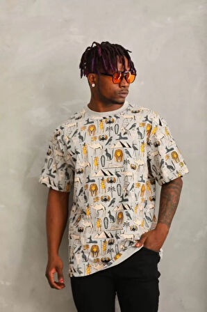 Unisex Oversize Baskılı Bisiklet Yaka Thirt  Gri