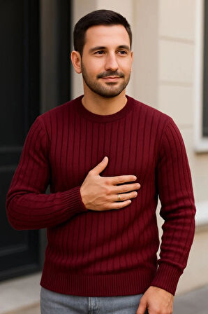 Erkek Bisiklet Yuvarlak Yaka Triko Kazak Pamuklu Kalın Fitilli Dokuma, Regular Fit Uzun Kollu Kışlık odel  Bordo