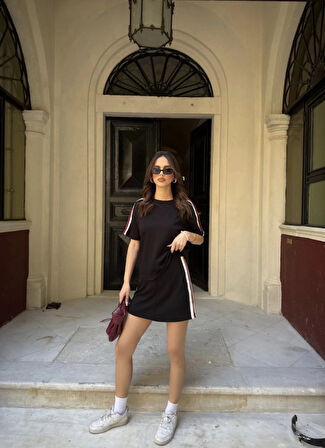 Osy odal Yumuşak Dokulu Kumaş Parçalı Bisiklet Yaka Tshirt ini Şortlu Etek İkili Takım  iyah