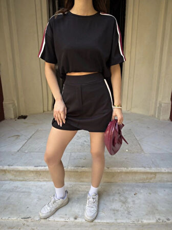 Osy odal Yumuşak Dokulu Kumaş Parçalı Bisiklet Yaka Tshirt ini Şortlu Etek İkili Takım  iyah