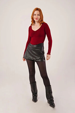 Geniş Yaka Bordo Basic Body Bluz