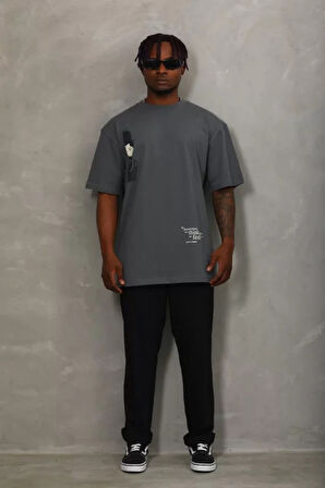 Unisex Oversize Baskılı Bisiklet Yaka Thirt  Füme