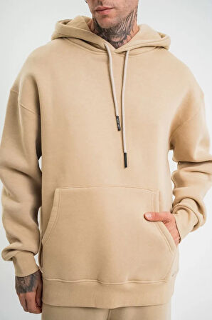 Unisex Double Oversize Kapşonlu Basic weathirt  Bej
