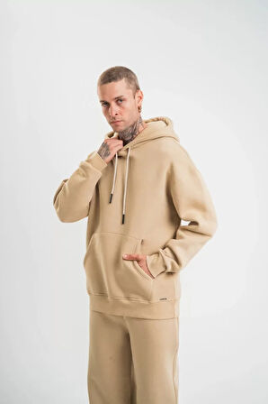 Unisex Double Oversize Kapşonlu Basic weathirt  Bej