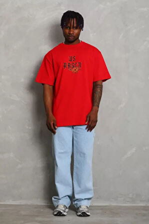 Unisex Oversize Baskılı Bisiklet Yaka Thirt  Kırmızı