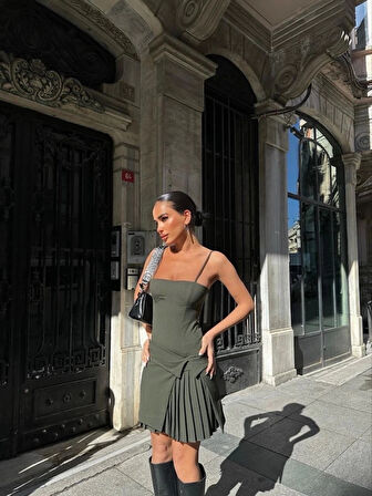 İki Parçalı Pileli Askılı ini Elbise  Haki