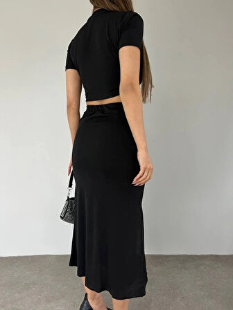 Eteği Yırtmaçlı Sandy Crop Takım Siyah