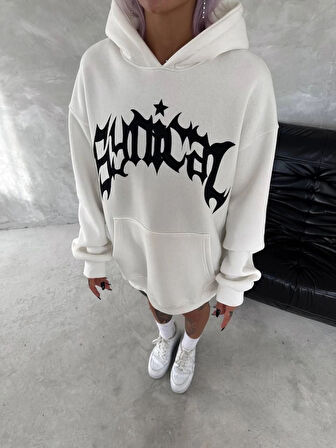 Unisex Üç İplik Kapşonlu Baskılı weathirt  Beyaz