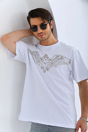 Unisex Oversize Taşlı Bisiklet Yaka Thirt  Beyaz