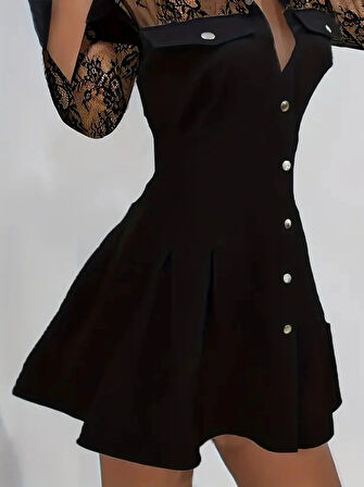 Kadın Uzun Kollu Yakalı önden Düğmeli Cep Detaylı Mini Modal Elbise