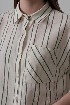 Çizgili Kısa Gömlek  BejYeşil