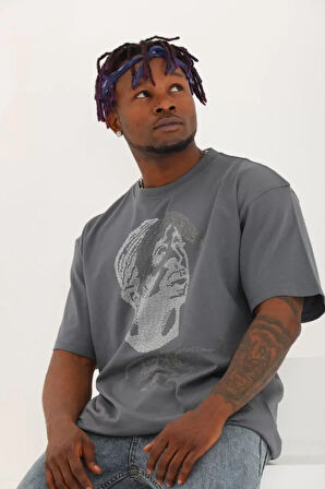 Unisex Oversize Taşlı Bisiklet Yaka Thirt  Füme