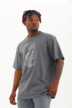 Unisex Oversize Taşlı Bisiklet Yaka Thirt  Füme