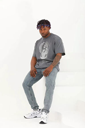 Unisex Oversize Taşlı Bisiklet Yaka Thirt  Füme