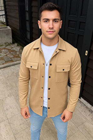 Erkek Diagonal Kumaş Cepli Çıtçıtlı Uzun Kollu, Gömlek Oversize Rahat Kalıp Günlük Şık til  Bej