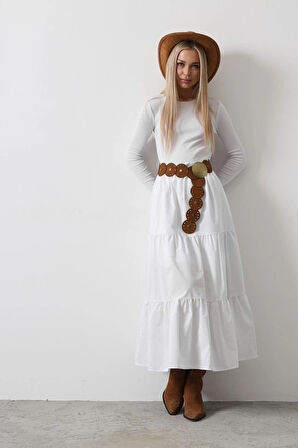 Pamuklu Beli astikli Etek  Beyaz