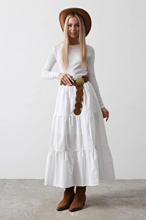 Pamuklu Beli astikli Etek  Beyaz