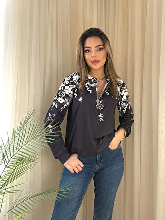 Kadın Uzun Kollu önden Fermuarlı çiçek Desenli şardonlu Dalgıç Bluz