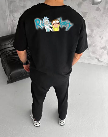 Unisex Bisiklet Yaka Baskılı Oversize Thirt  iyah