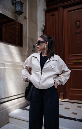 Fermuarlı Gömlek Yaka Bomber Ceket  Beyaz