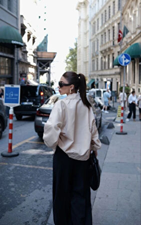 Fermuarlı Gömlek Yaka Bomber Ceket  Beyaz