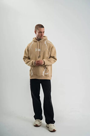 Double Oversize Kapşonlu Şimşek Pano Baskılı weathirt  Bej