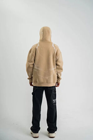 Double Oversize Kapşonlu Şimşek Pano Baskılı weathirt  Bej