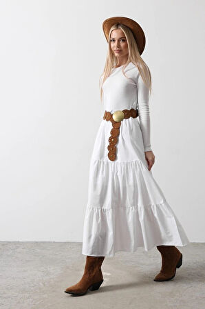 Pamuklu Beli astikli Etek  Beyaz