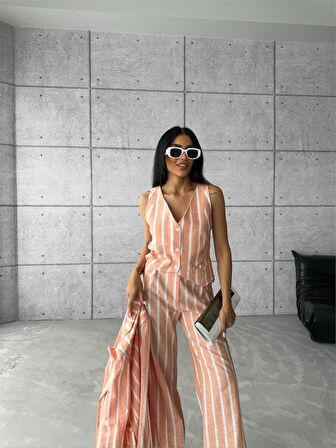 ÇİZGİİ CEKET KETEN  Orange