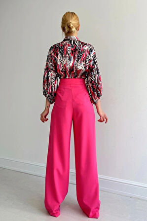 Beli Lastikli Saten Gömlek  Fuşya