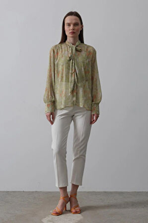 Yakası Fularlı Şifon Gömlek  Fıstık Yeşili